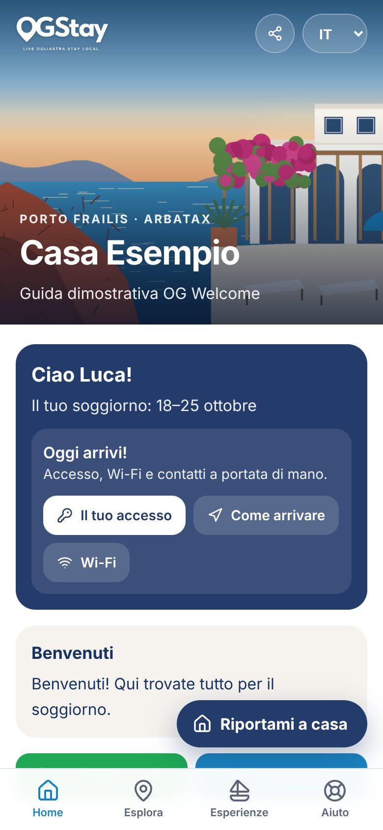 Home della guida con il saluto personale all'ospite